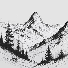 Mountain Landscape with Pine Trees, in Black and White Ink Style, Representing Nature and Adventure, with copy space
