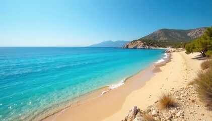 Aegina's serene Marathonas beach; turquoise waters, golden sand , perfect, sea, Mediterranean