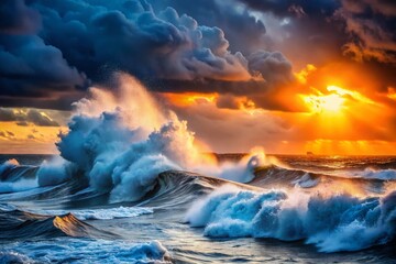 Dramatic Dusk Seascape: Powerful Storm Waves Crashing with Bokeh Effect