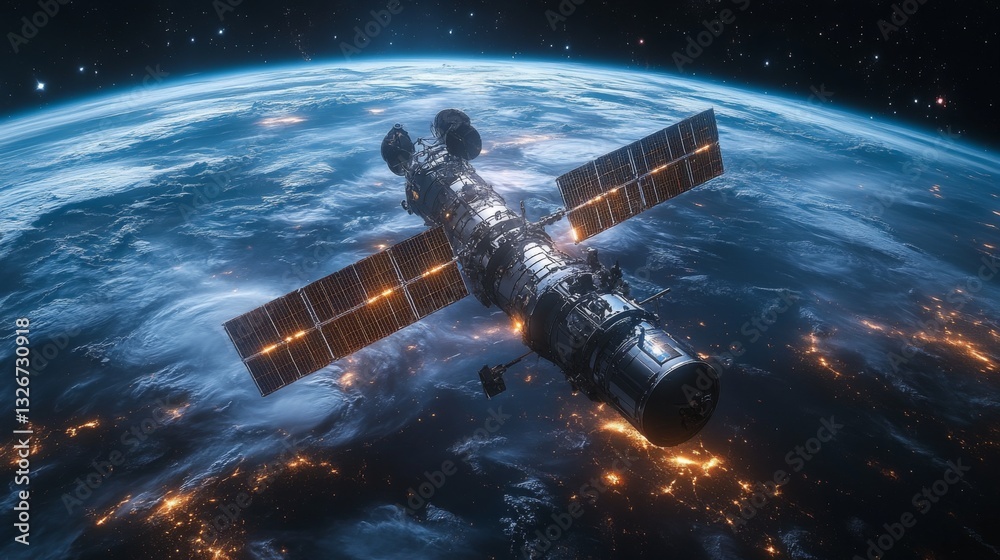 Aufkleber The satellite orbits Earth, utilizing solar panels for power and transmitting vital telemetry data. It operates in low Earth orbit as part of a larger constellation.
