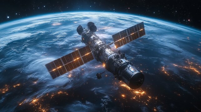 The satellite orbits Earth, utilizing solar panels for power and transmitting vital telemetry data. It operates in low Earth orbit as part of a larger constellation.