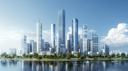 Fototapeta premium A modern skyline featuring tall skyscrapers, surrounded by water and greenery under a clear blue sky.