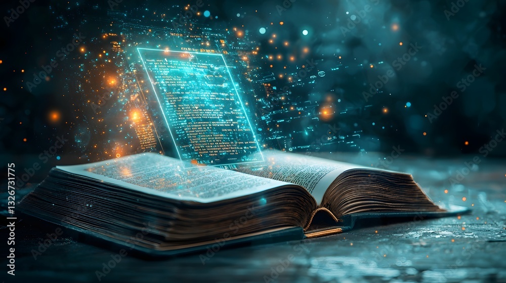 Poster Futuristic open book with 3D holographic computer interface projecting advanced cyber data programming and digital visualization of future technology