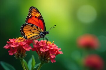 Obraz premium Butterfly on oregano, vibrant colors, copy space, purple, design, garden