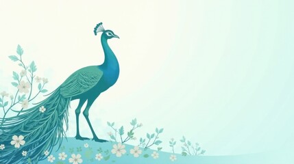 Fototapeta premium Serene Peacock Amidst Delicate Spring Blossoms, a Pastel Artistic Illustration Featuring a Majestic Bird and Soft Floral Accents