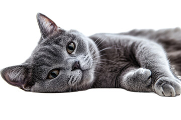 Gray cat resting on a smooth surface with calm expression
