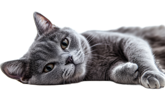 Gray cat resting on a smooth surface with calm expression