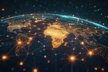 Illuminated World Map with Network Connections at Night