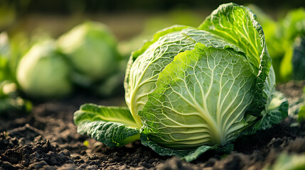 Fresh green cabbage growing in fertile field, bathed in warm sunlight. vibrant leaves display intricate veins and crisp texture, surrounded by rich soil and other cabbages in background