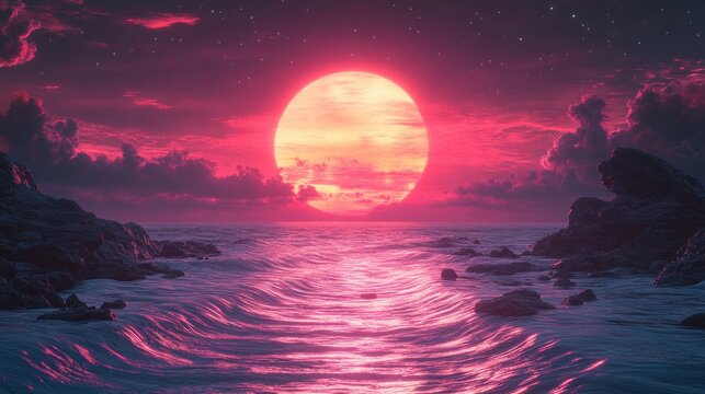 Neon Sunset Over Wavy Grid Terrain in Retro Futuristic Style with Geometric Polygonal Structure and Dreamlike Atmosphere