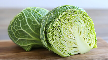 Fototapeta premium Fresh green cabbage cut half, revealing its tightly packed layers and crisp texture, placed wooden cutting board. vibrant color and natural details highlight its freshness and suitability for