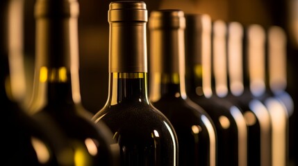 A row of wine bottles in focus, soft background blur; elegance and craftsmanship in every detail.