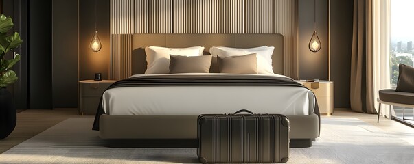 Modern hotel room interior with suitcase by bed and city view