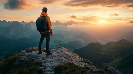 lone traveler wearing backpack stands on rocky mountain peak, gazing at breathtaking sunset over vast valley with distant mountain ranges. scene is filled with warm golden hues