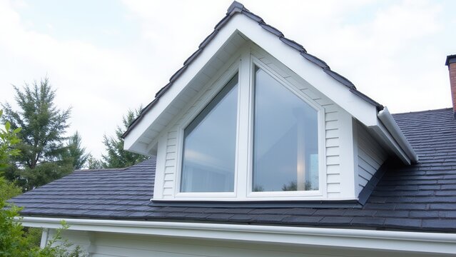 A gable dormer with large windows is featured on the roof of a house, showcasing its architectural design.