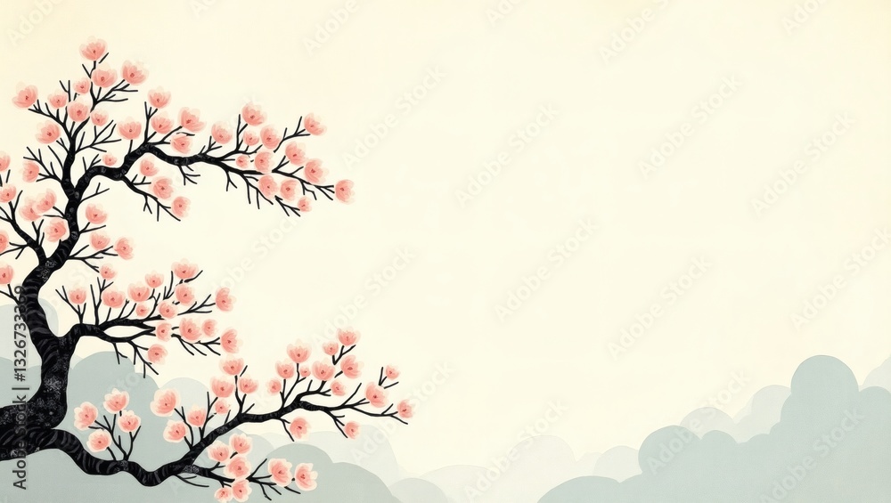 Poster an artistic illustration of a blossoming cherry tree with a minimalist aesthetic. the image evokes a