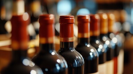 A row of wine bottles in focus, soft background blur; elegance and craftsmanship in every detail.