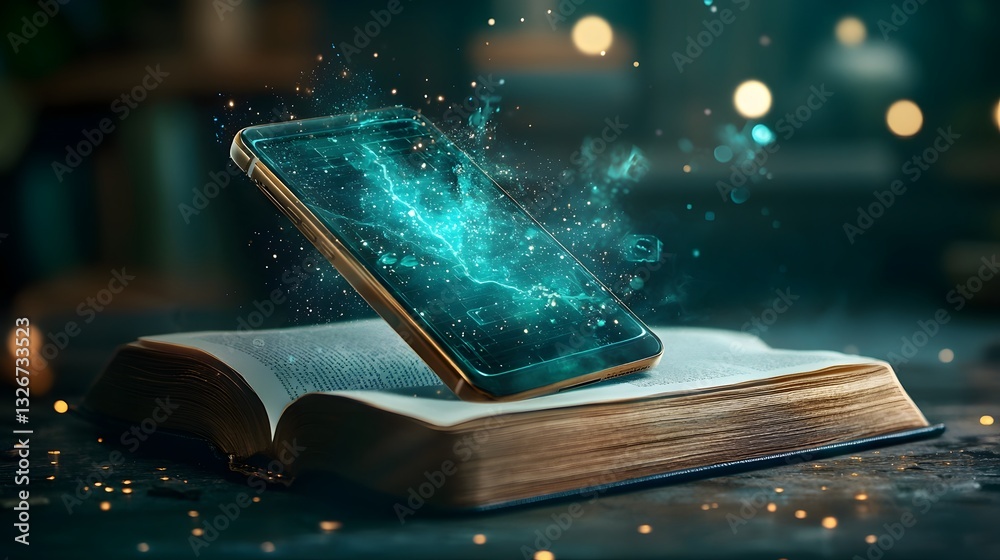 Poster conceptual image of a futuristic smartphone with transparent displays and augmented reality interfac