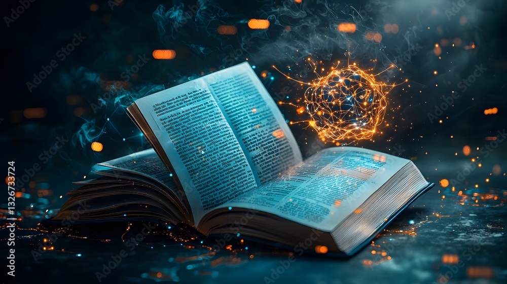 Poster glowing neural network forming within the pages of an open book symbolizing the power of intelligenc