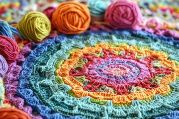 Obraz premium A vibrant crocheted mandala with colorful yarn balls, showcasing intricate patterns and a harmonious blend of colors.