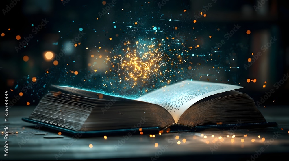 Poster glowing neural network formation emanating from an open book representing the intersection of knowle