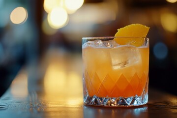 Refreshing Orange Cocktail with Ice and Zest on Polished Bar Top in Soft Bokeh Lighting