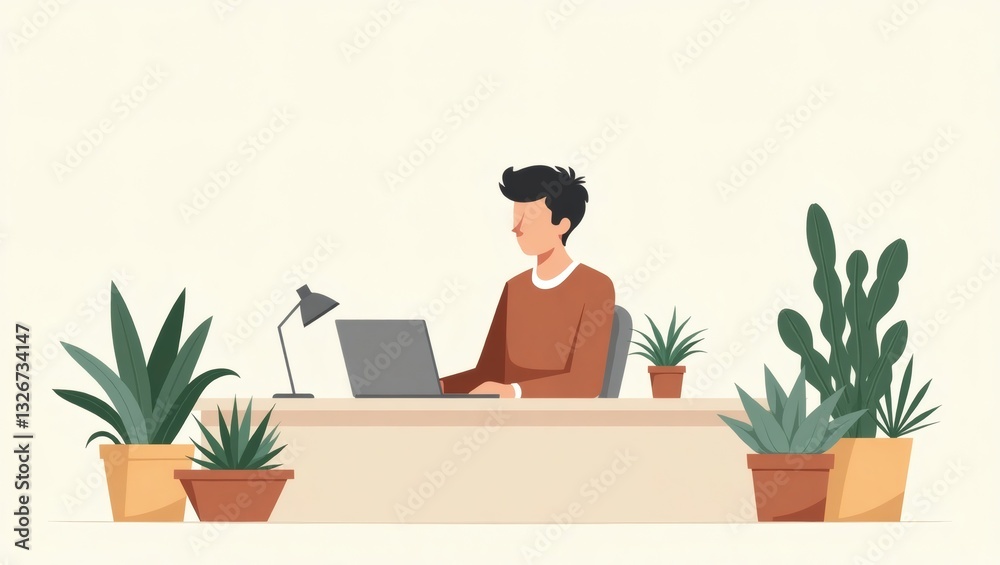 Aufkleber a person working at a desk with a laptop surrounded by several potted plants, creating a serene and productive workspace.