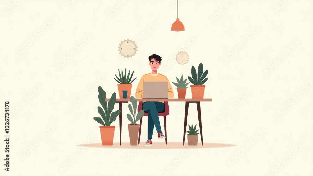 Poster a man is working on a laptop surrounded by potted plants, suggesting a blend of work and nature. the