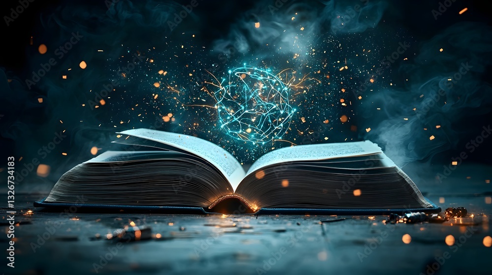 Poster glowing neural network emerging from the pages of an open book symbolizing the power of intelligence