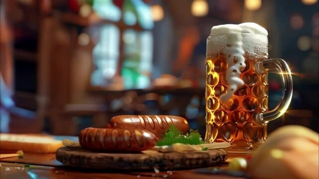 German beer in large glass mug for celebration holiday Oktoberfest, abstract vivid composition consists of background for diverse creative work