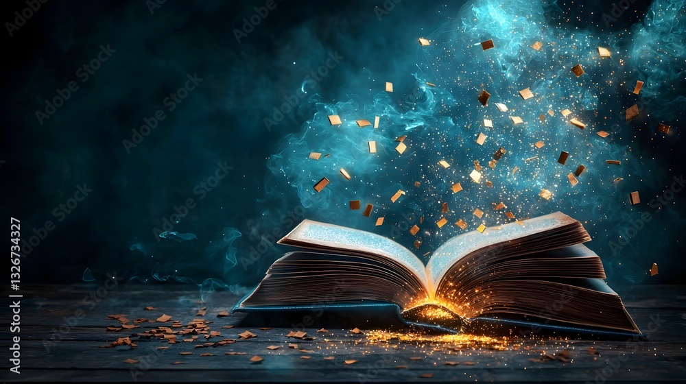 Poster an open book with a glowing neural network formation within symbolizing the concept of intelligence 