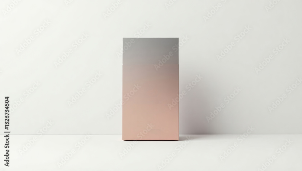Poster an abstract minimalist box with a gradient color scheme. The box is clean, modern, and aesthetically pleasing, with a gradient effect that transitions from gray to rose gold. It stands alone