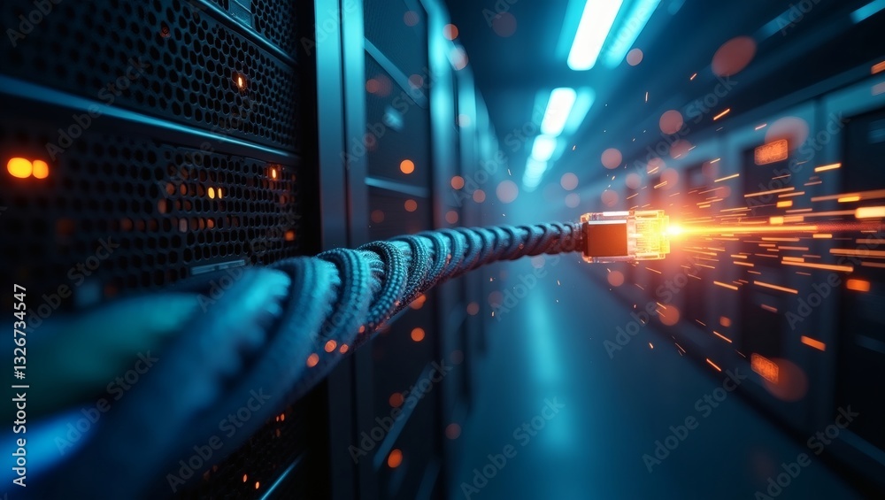 Aufkleber a network cable transmitting data with a background of server rooms. Showing how the modern network infrastructure work
