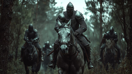 Fantasy medieval with knights riding through a dense enchanted forest