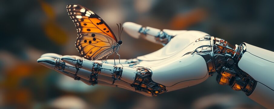 A robotic hand gently holding a delicate butterfly, symbolizing harmony between nature and AI