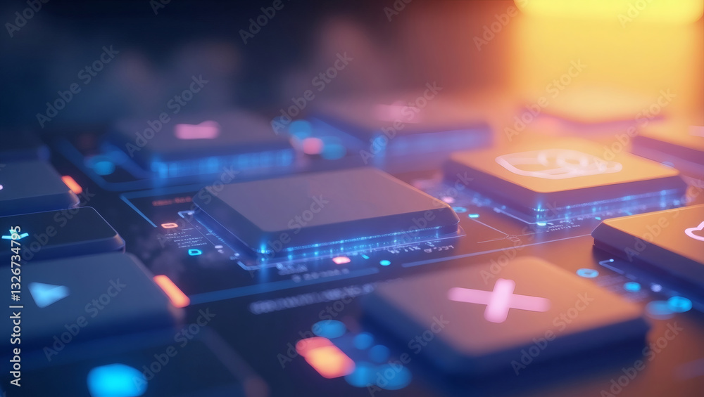 Poster close up view of a futuristic calculator keyboard with glowing buttons and a vibrant background, hig