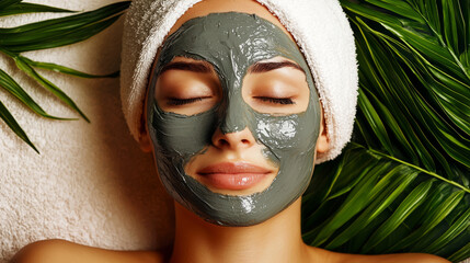 Luxury wellness spa environment with a professional beautician performing a hydrating clay mask facial on a young woman