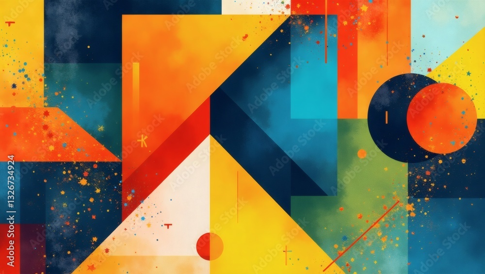 Poster an abstract colorful geometric shapes and patterns. Featuring squares, triangles, and circles arranged in a vibrant composition