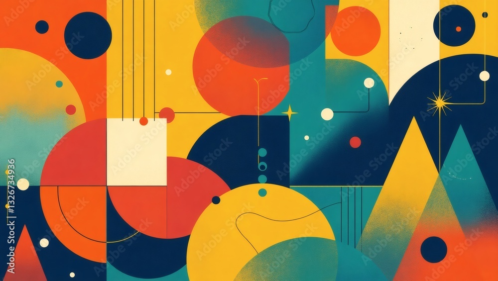 Poster a vibrant abstract geometric design with colorful shapes and patterns. It is a modern and dynamic work of art that would be suitable for various design uses