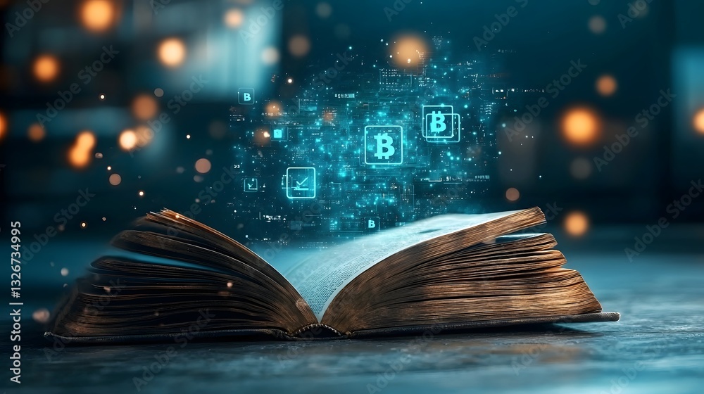 Poster open book with floating blockchain symbols digital security elements and other futuristic technology