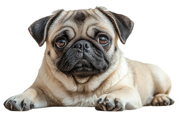 Pug dog resting with a curious expression in a cozy setting
