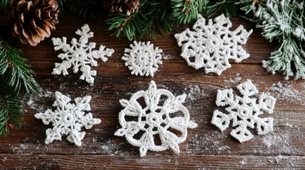 Fototapeta premium A collection of delicate white snowflakes arranged on a wooden surface, surrounded by pine branches and cones, creating a wintery, festive atmosphere.