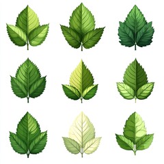 Green leaf vector icon set isolated on white background, simple flat design logo style. Collection of green tea leaves symbols for natural, organic products, and environmental protection concepts. Per