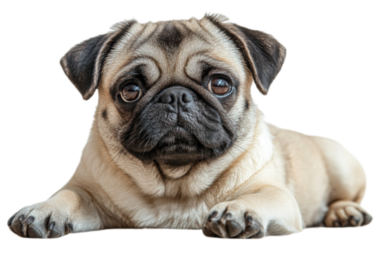 Pug dog resting with a curious expression in a cozy setting