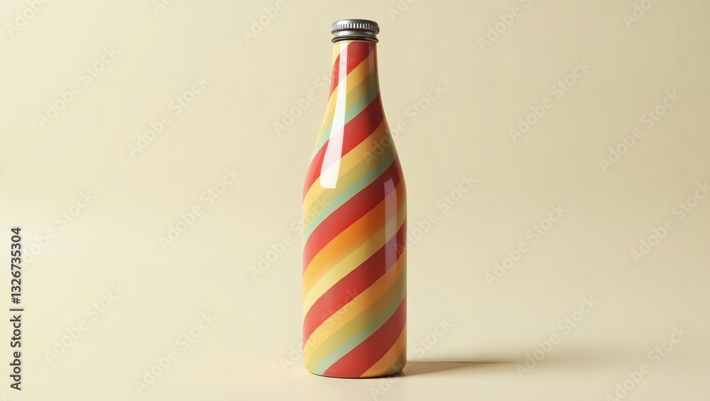 Poster a colorful glass bottle with a unique striped design. the bottle has a silver cap and a stylish appe