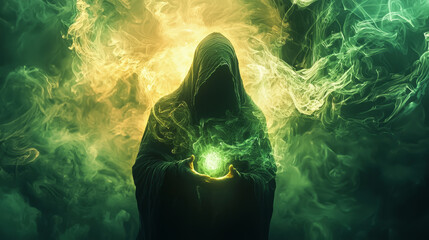 Wizard casting a spell with luminous swirling green smoke