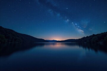 Fototapeta premium Dark lake, shimmering stars, peaceful summer night scene, evening, water