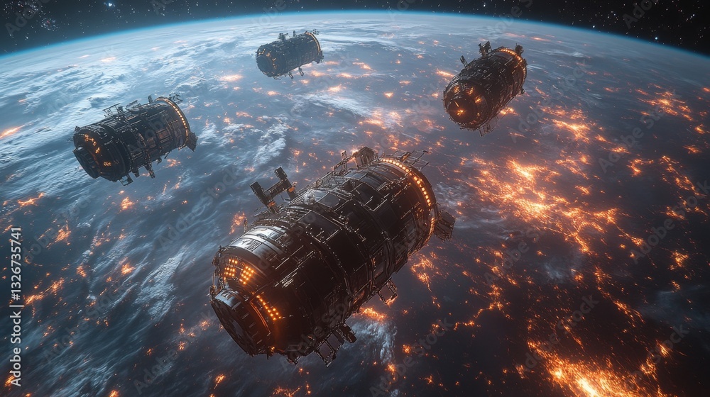Aufkleber Three spacecraft operate in low Earth orbit, transmitting crucial telemetry data for enhanced broadband connectivity across the globe. The illuminated structures indicate active functions.