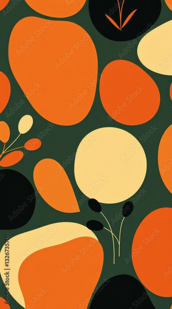 Poster an abstract repeating pattern of organic shapes and floral elements. the design is in shades of oran