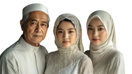 Ramadan Mubarak Asian Muslim Father and Two Young Daughter Posing for Photo, Png.Fictional Character Created By Generative AI